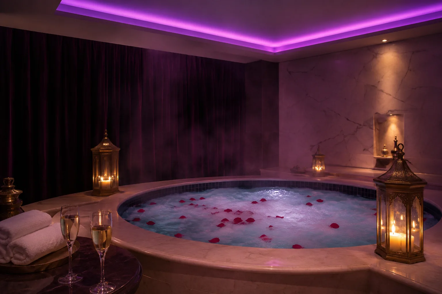 Jakuzili vip odanın mor ışıklı hâli — Lila Spa, Eyüpsultan misafirlerine hizmet veren salon